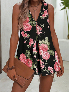 Camisa floja sin mangas con estampado de flores, cuello en V, estilo de vacaciones de verano para mujeres