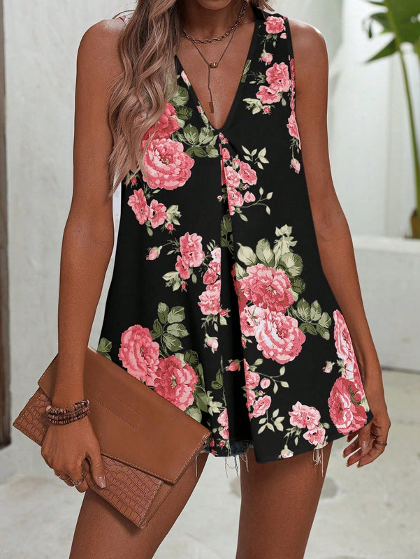 Camisa floja sin mangas con estampado de flores, cuello en V, estilo de vacaciones de verano para mujeres