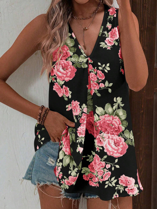 Camisa floja sin mangas con estampado de flores, cuello en V, estilo de vacaciones de verano para mujeres