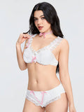 ROMWE Kawaii Conjunto De Ropa Interior Dulce Y Encantador Con Encaje Y Decoracion De Lazo