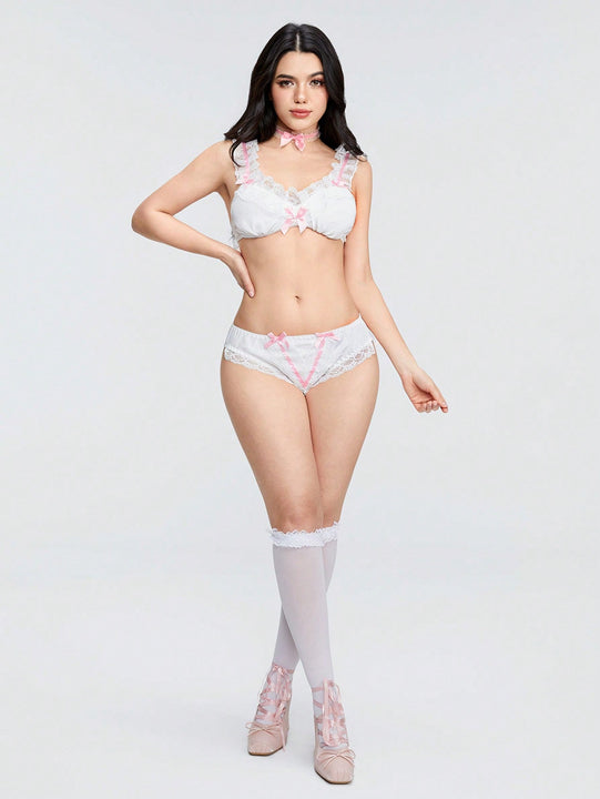 ROMWE Kawaii Conjunto De Ropa Interior Dulce Y Encantador Con Encaje Y Decoracion De Lazo