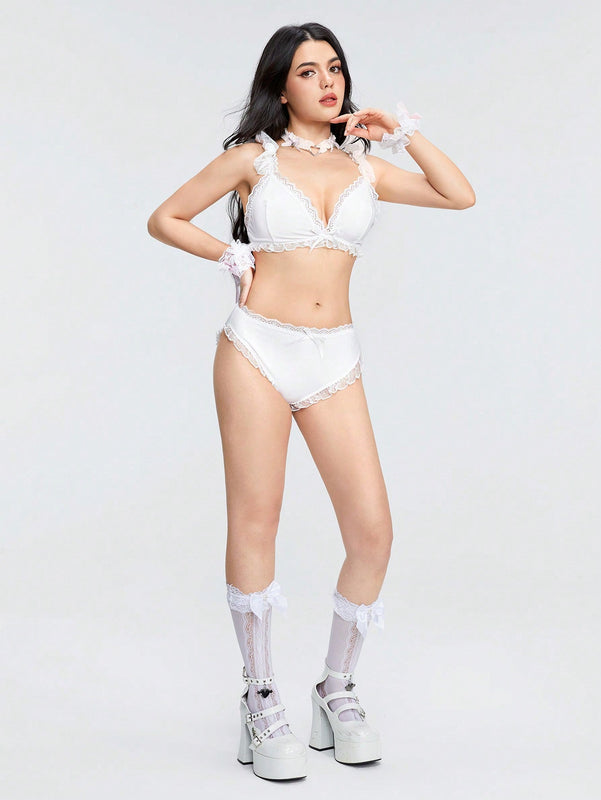 ROMWE Kawaii Conjunto De Lenceria Con Ribete De Encaje Decorado Con Lazo Para Mujer
