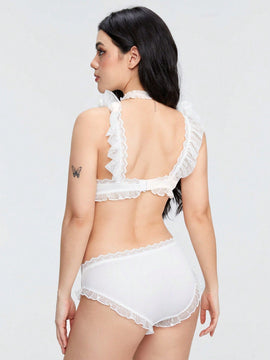 ROMWE Kawaii Conjunto De Lenceria Con Ribete De Encaje Decorado Con Lazo Para Mujer
