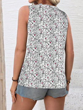 LUNE Camisa suelta sin mangas con cuello en V y estampado floral para mujer estilo veraniego de vacaciones