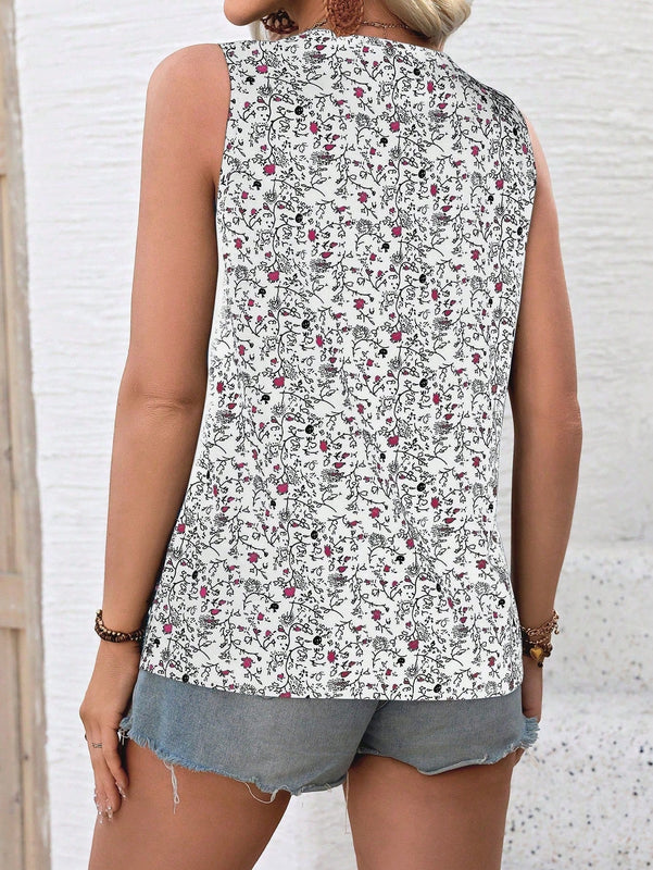 LUNE Camisa suelta sin mangas con cuello en V y estampado floral para mujer estilo veraniego de vacaciones