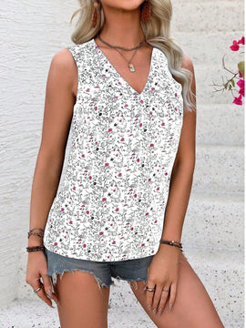 LUNE Camisa suelta sin mangas con cuello en V y estampado floral para mujer estilo veraniego de vacaciones