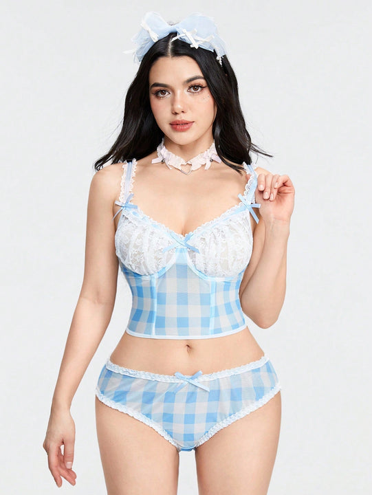 ROMWE Kawaii Conjunto de ropa interior con estructura de soporte, pequeno elemento de ajuste de encaje de cuadros fresco, lenceria seductora que no debe perderse.