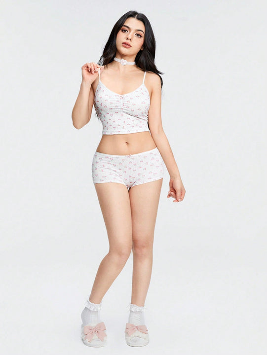 ROMWE Kawaii Conjuntos de ropa interior de mujeres con lunares de cereza, tejido de punto acanalado a rayas sin cableado