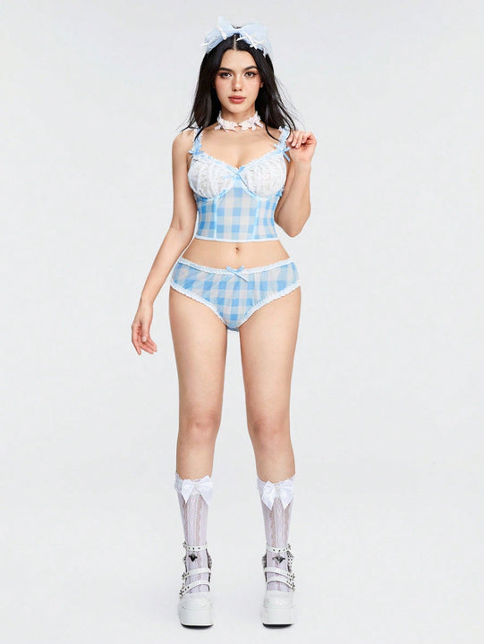 ROMWE Kawaii Conjunto de ropa interior con estructura de soporte, pequeno elemento de ajuste de encaje de cuadros fresco, lenceria seductora que no debe perderse.