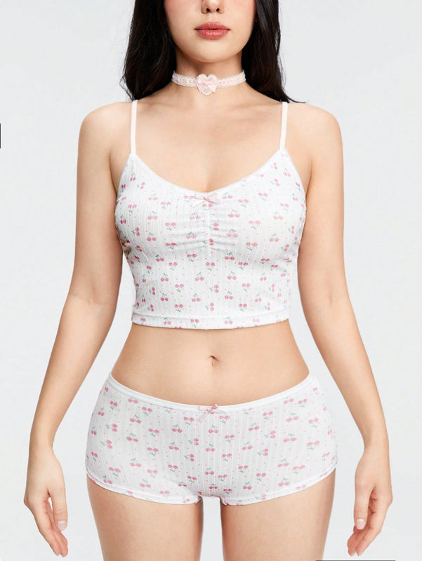 ROMWE Kawaii Conjuntos de ropa interior de mujeres con lunares de cereza, tejido de punto acanalado a rayas sin cableado