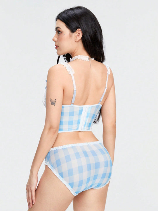 ROMWE Kawaii Conjunto de ropa interior con estructura de soporte, pequeno elemento de ajuste de encaje de cuadros fresco, lenceria seductora que no debe perderse.