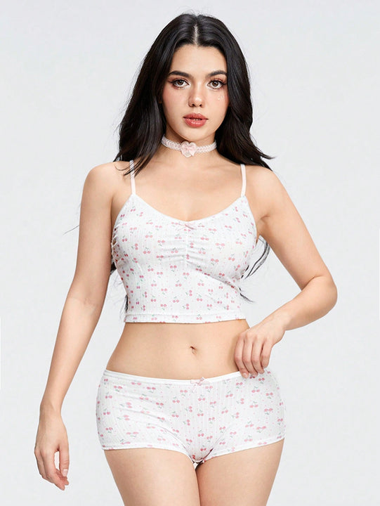 ROMWE Kawaii Conjuntos de ropa interior de mujeres con lunares de cereza, tejido de punto acanalado a rayas sin cableado