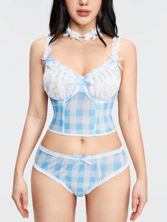 ROMWE Kawaii Conjunto de ropa interior con estructura de soporte, pequeno elemento de ajuste de encaje de cuadros fresco, lenceria seductora que no debe perderse.