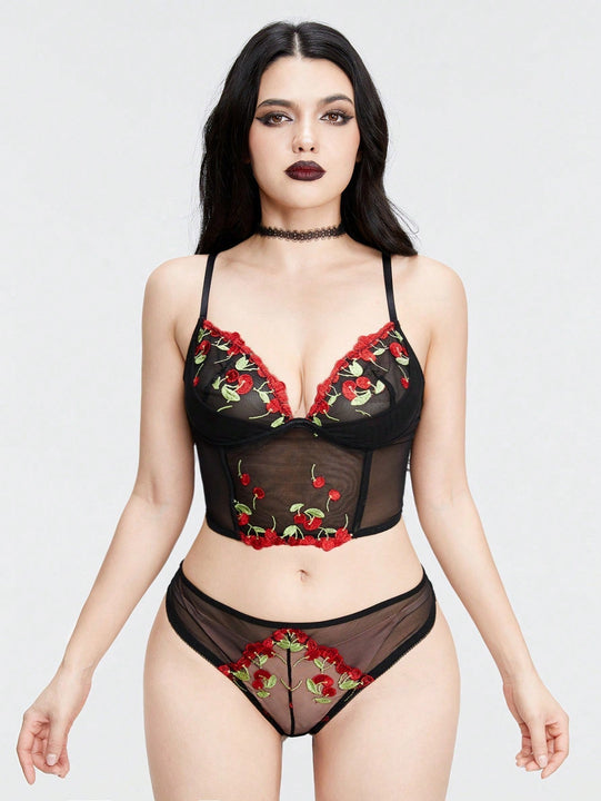 ROMWE Kawaii Conjunto de lenceria sexy bordado con cerezas para chicas rurales.