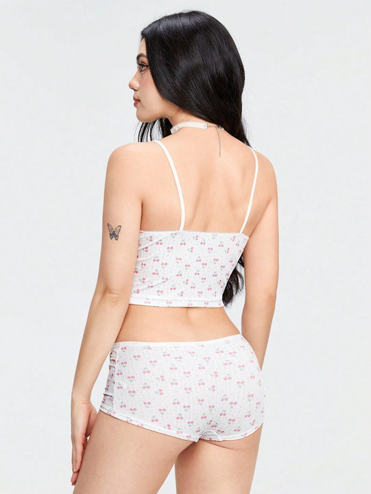 ROMWE Kawaii Conjuntos de ropa interior de mujeres con lunares de cereza, tejido de punto acanalado a rayas sin cableado