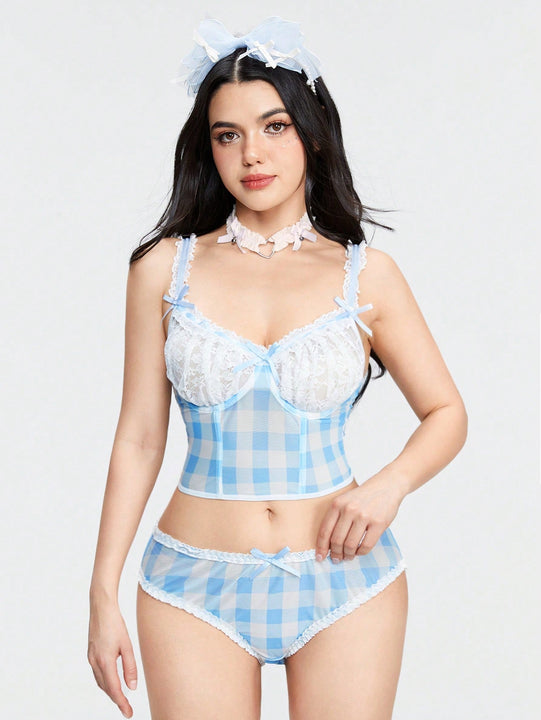 ROMWE Kawaii Conjunto de ropa interior con estructura de soporte, pequeno elemento de ajuste de encaje de cuadros fresco, lenceria seductora que no debe perderse.