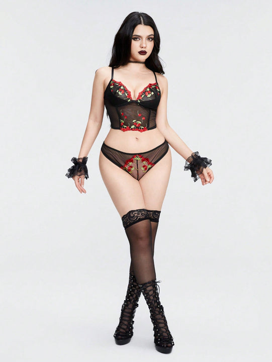 ROMWE Kawaii Conjunto de lenceria sexy bordado con cerezas para chicas rurales.