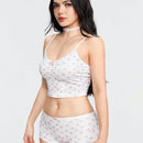 ROMWE Kawaii Conjuntos de ropa interior de mujeres con lunares de cereza, tejido de punto acanalado a rayas sin cableado
