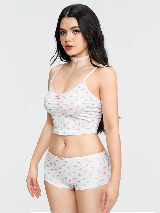 ROMWE Kawaii Conjuntos de ropa interior de mujeres con lunares de cereza, tejido de punto acanalado a rayas sin cableado