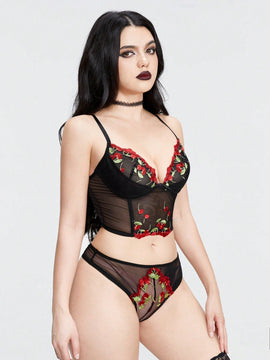ROMWE Kawaii Conjunto de lenceria sexy bordado con cerezas para chicas rurales.
