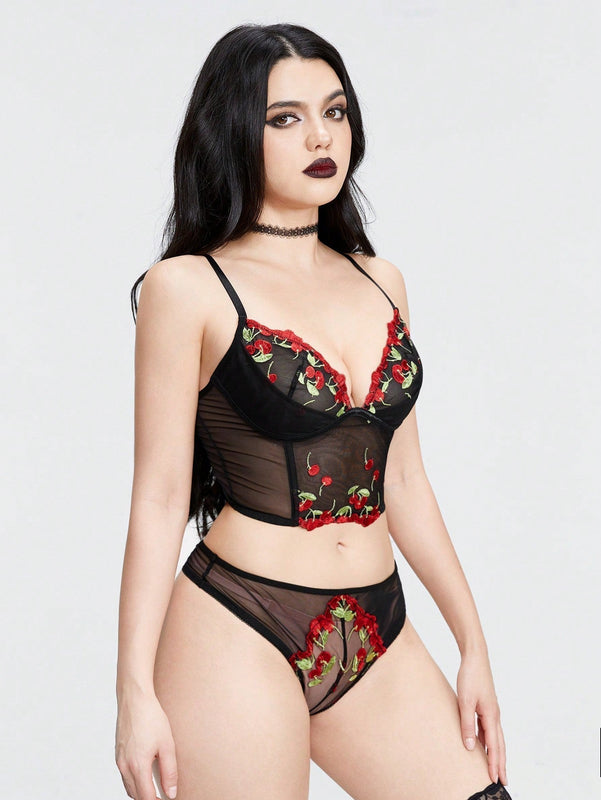 ROMWE Kawaii Conjunto de lenceria sexy bordado con cerezas para chicas rurales.