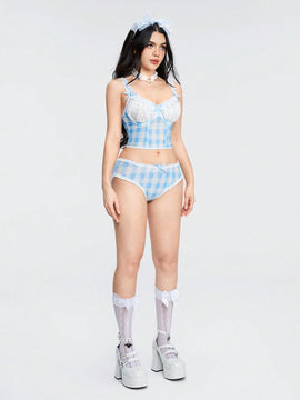 ROMWE Kawaii Conjunto de ropa interior con estructura de soporte, pequeno elemento de ajuste de encaje de cuadros fresco, lenceria seductora que no debe perderse.