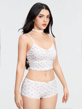 ROMWE Kawaii Conjuntos de ropa interior de mujeres con lunares de cereza, tejido de punto acanalado a rayas sin cableado