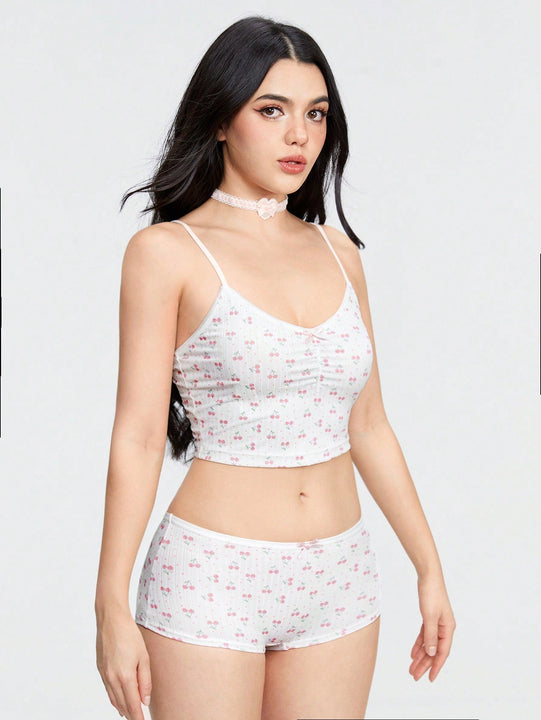 ROMWE Kawaii Conjuntos de ropa interior de mujeres con lunares de cereza, tejido de punto acanalado a rayas sin cableado