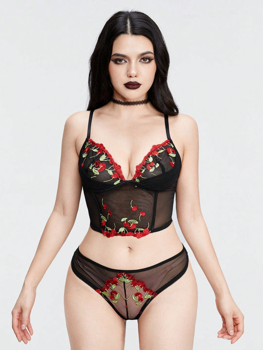 ROMWE Kawaii Conjunto de lenceria sexy bordado con cerezas para chicas rurales.