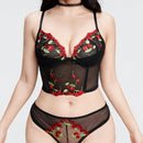 ROMWE Kawaii Conjunto de lenceria sexy bordado con cerezas para chicas rurales.