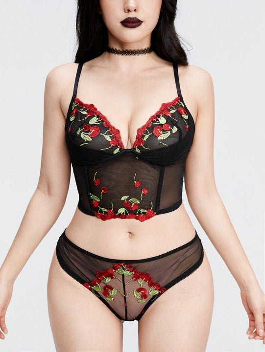 ROMWE Kawaii Conjunto de lenceria sexy bordado con cerezas para chicas rurales.