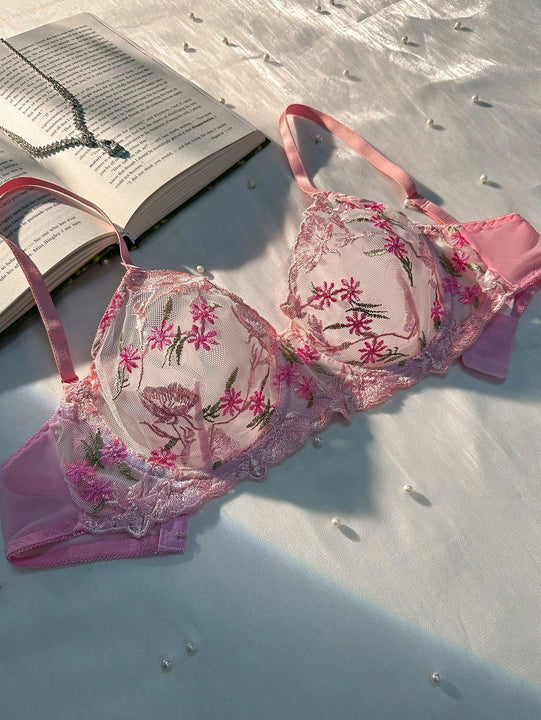Sujetador de lenceria femenina con bordado romantico de flores