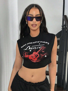 ICON Camiseta de tirantes sin mangas para mujer con estampado de guitarra y eslogan en el cuello redondo, ideal para festival de musica Y2K en verano.