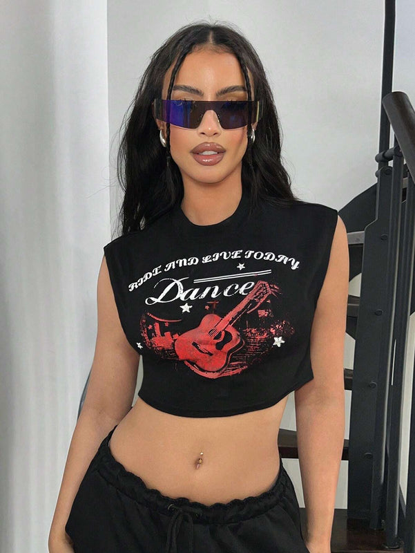 ICON Camiseta de tirantes sin mangas para mujer con estampado de guitarra y eslogan en el cuello redondo, ideal para festival de musica Y2K en verano.