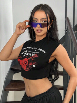 ICON Camiseta de tirantes sin mangas para mujer con estampado de guitarra y eslogan en el cuello redondo, ideal para festival de musica Y2K en verano.