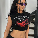 ICON Camiseta de tirantes sin mangas para mujer con estampado de guitarra y eslogan en el cuello redondo, ideal para festival de musica Y2K en verano.