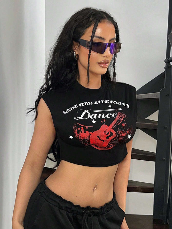 ICON Camiseta de tirantes sin mangas para mujer con estampado de guitarra y eslogan en el cuello redondo, ideal para festival de musica Y2K en verano.