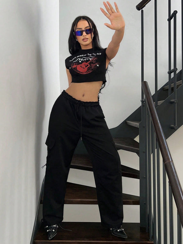 ICON Camiseta de tirantes sin mangas para mujer con estampado de guitarra y eslogan en el cuello redondo, ideal para festival de musica Y2K en verano.