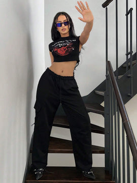 ICON Camiseta de tirantes sin mangas para mujer con estampado de guitarra y eslogan en el cuello redondo, ideal para festival de musica Y2K en verano.