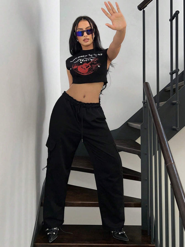 ICON Camiseta de tirantes sin mangas para mujer con estampado de guitarra y eslogan en el cuello redondo, ideal para festival de musica Y2K en verano.