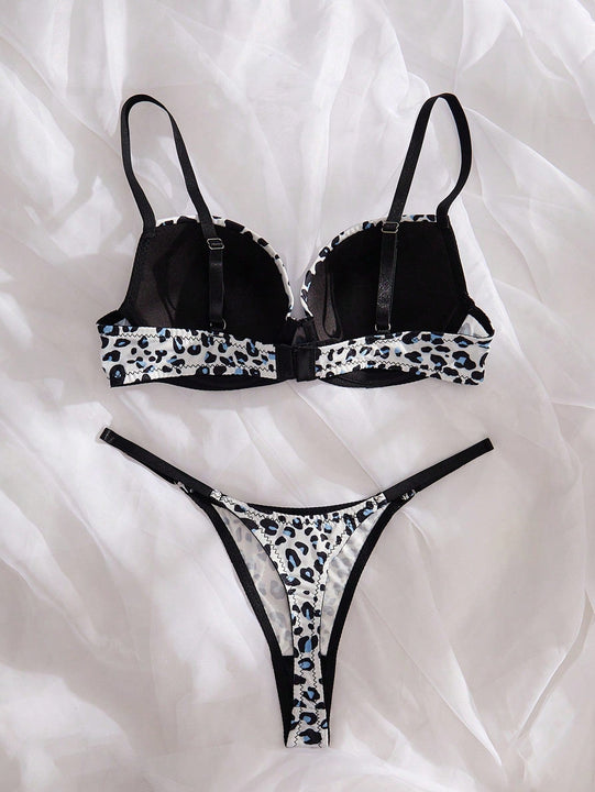 Conjunto de Brasier y Tangas de estampado de leopardo con soporte, 2 piezas