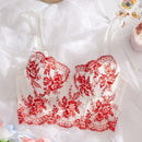 Sujetador de malla transparente con espalda hueca bordado con flores para mujer