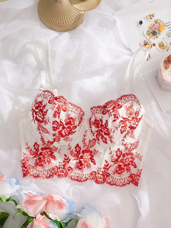 Sujetador de malla transparente con espalda hueca bordado con flores para mujer