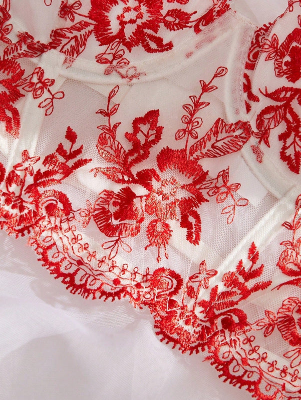 Sujetador de malla transparente con espalda hueca bordado con flores para mujer