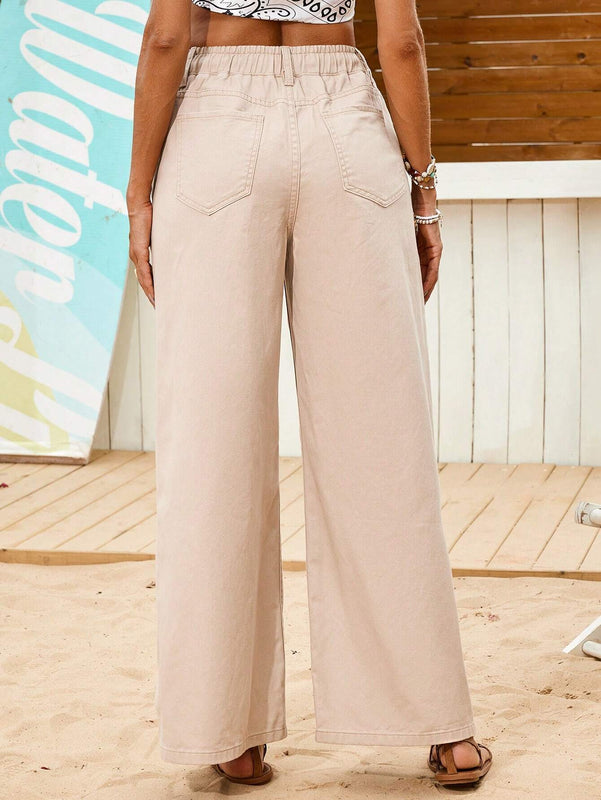 VCAY Pantalones de mezclilla de pierna ancha de unicolor para mujer, ideales para vacaciones en la playa