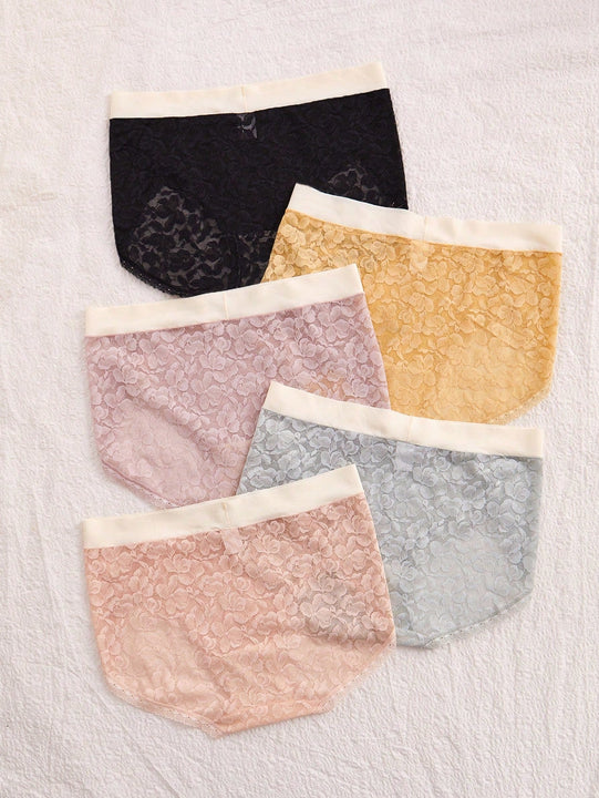 5pcs/paquete braguitas triangulares para mujeres con encaje en color de contraste