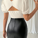 Prive Camisa de mujer con mangas globos, cuentas, cuello cuadrado y elegante con recorte
