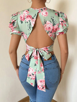Prive Camisa corta para mujer con estampado floral, mangas abullonadas con lazo en la espalda
