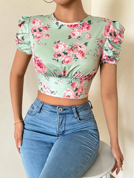 Prive Camisa corta para mujer con estampado floral, mangas abullonadas con lazo en la espalda