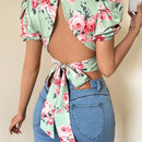 Prive Camisa corta para mujer con estampado floral, mangas abullonadas con lazo en la espalda